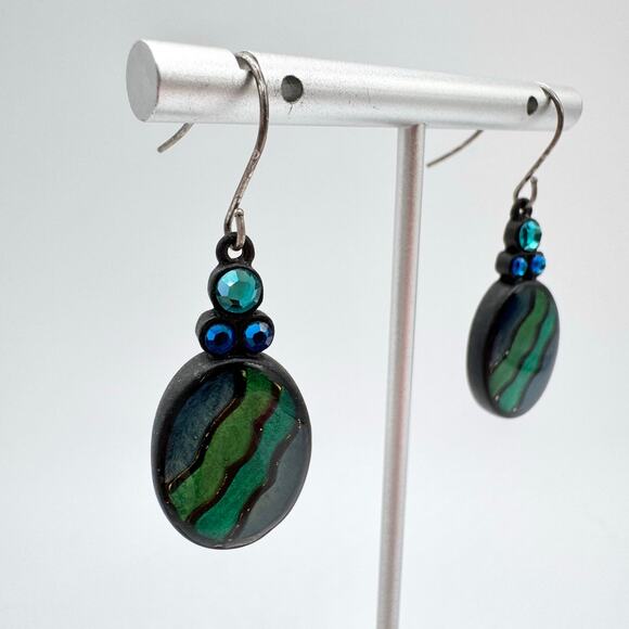 Chico’s Blue Green Metallic Enamel Stripe Rhinestone Earrings Mermaidcore Siren - Picture 4 of 11
